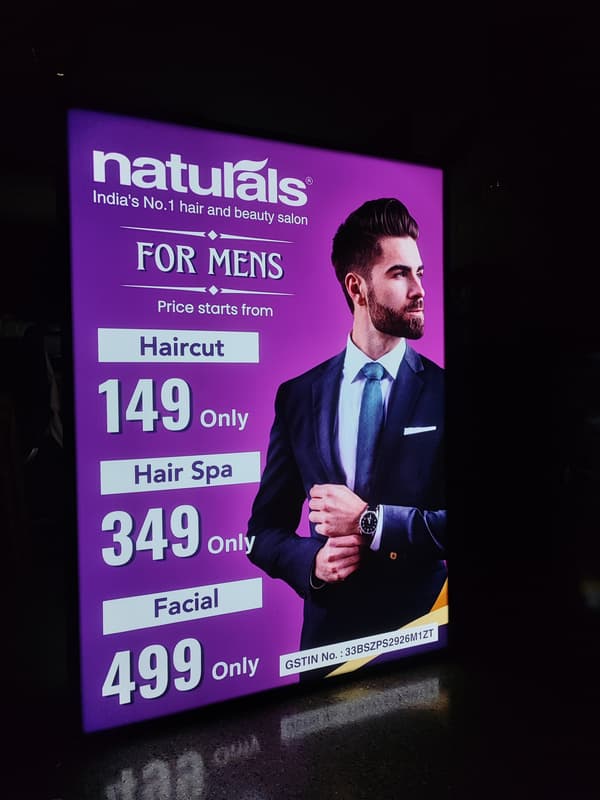 Naturals For Mens haircut and hair spa illuminated treatment panel