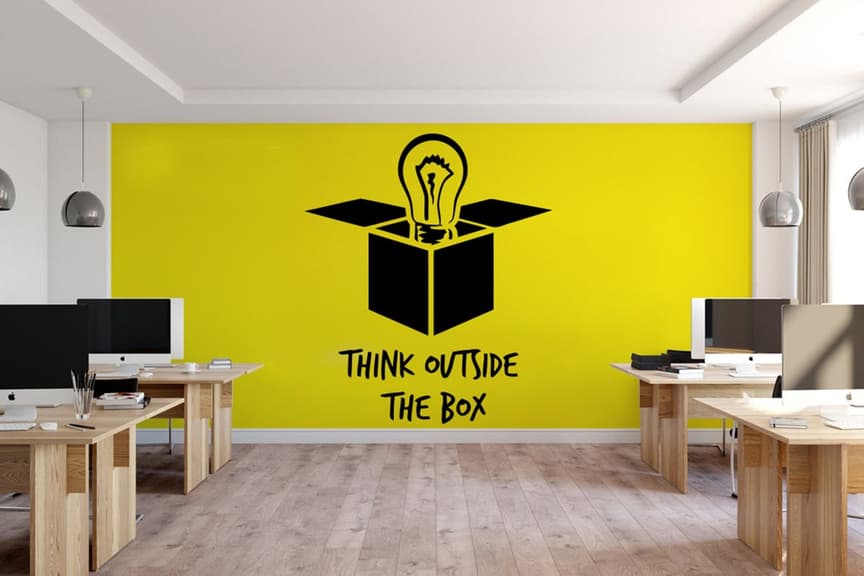 Office accent wall with Think Outside The Box vinyl decal